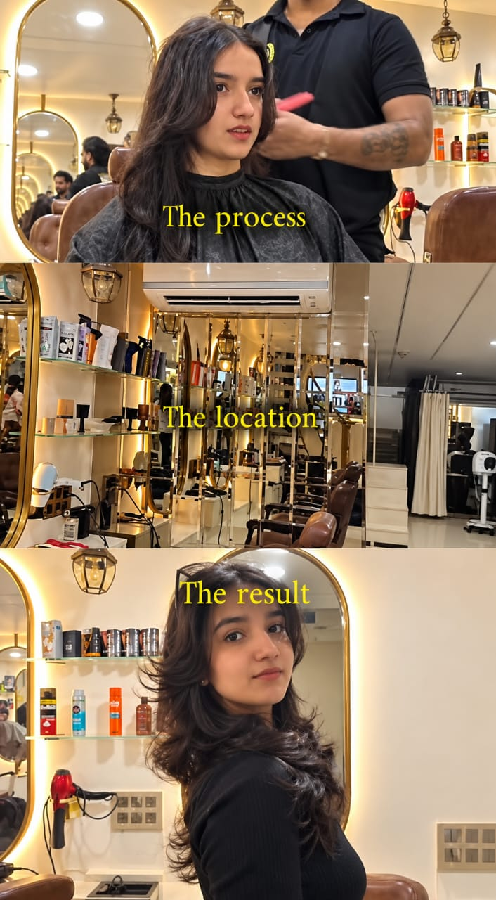 Hair styling process, salon interior and finished hairstyle at Laséa Salon