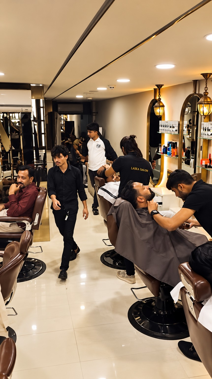 Busy styling floor at Laséa Salon with stylists and clients